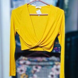 New Mustard Yellow Long Sleeve Twist-Front Crop Top - Made in USA